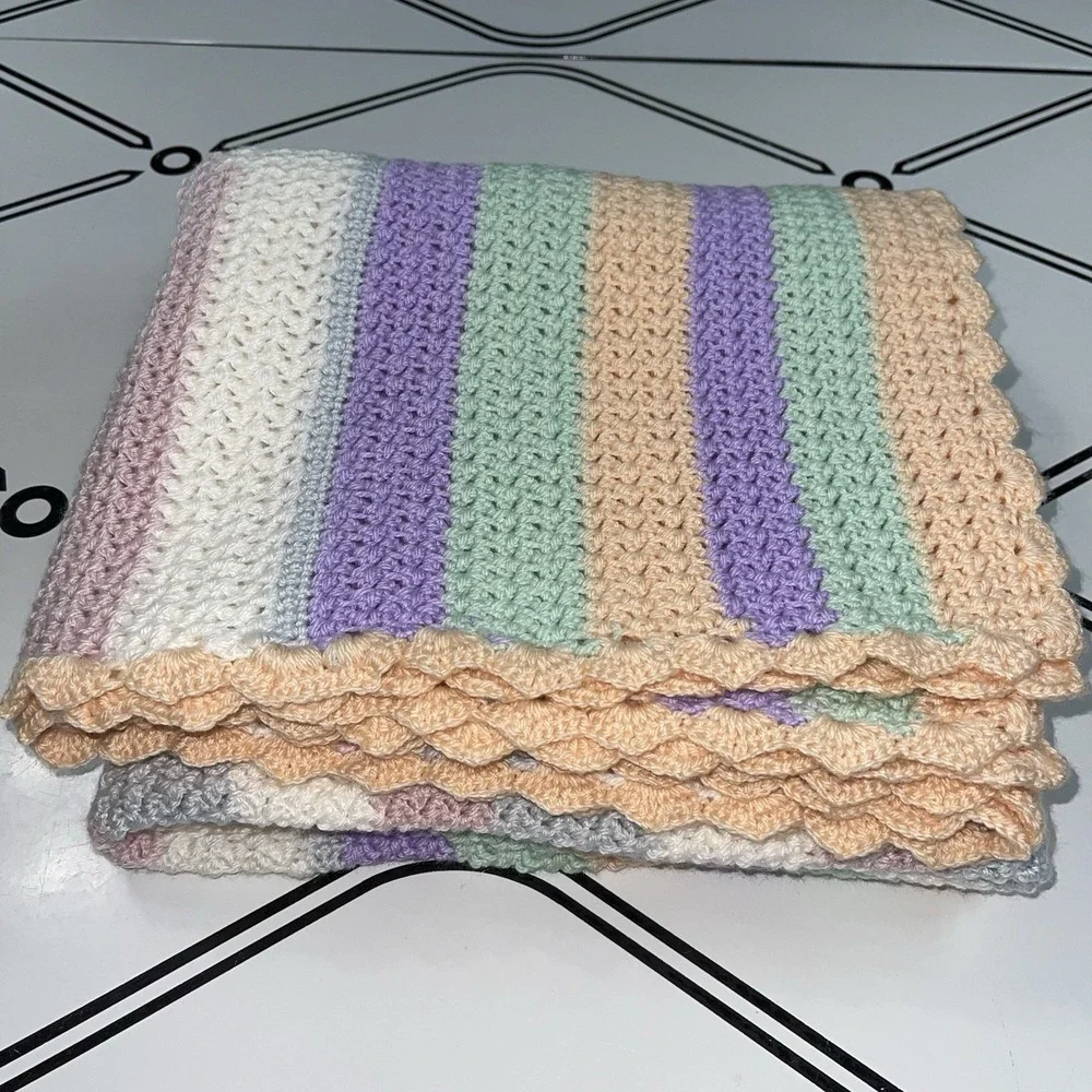 Handmade Crochet Baby Blanket Afghan Green Peach Purple Pnk Blue White 51
